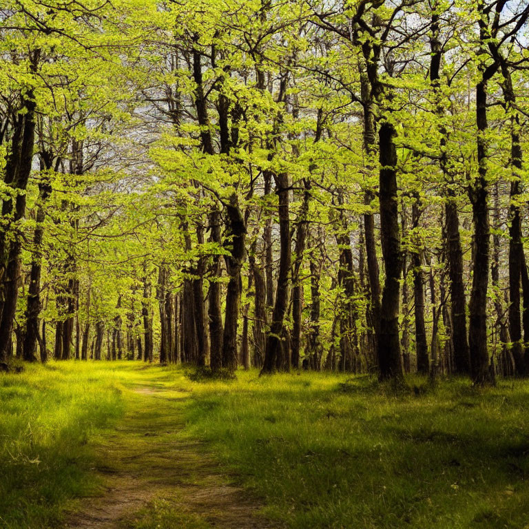 Sunlit Forest Path with Vibrant Green Trees and Lush Grass Trail