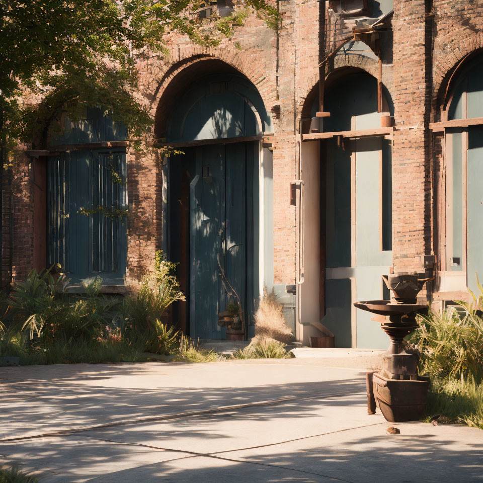 Tranquil courtyard with vintage fountain and greenery