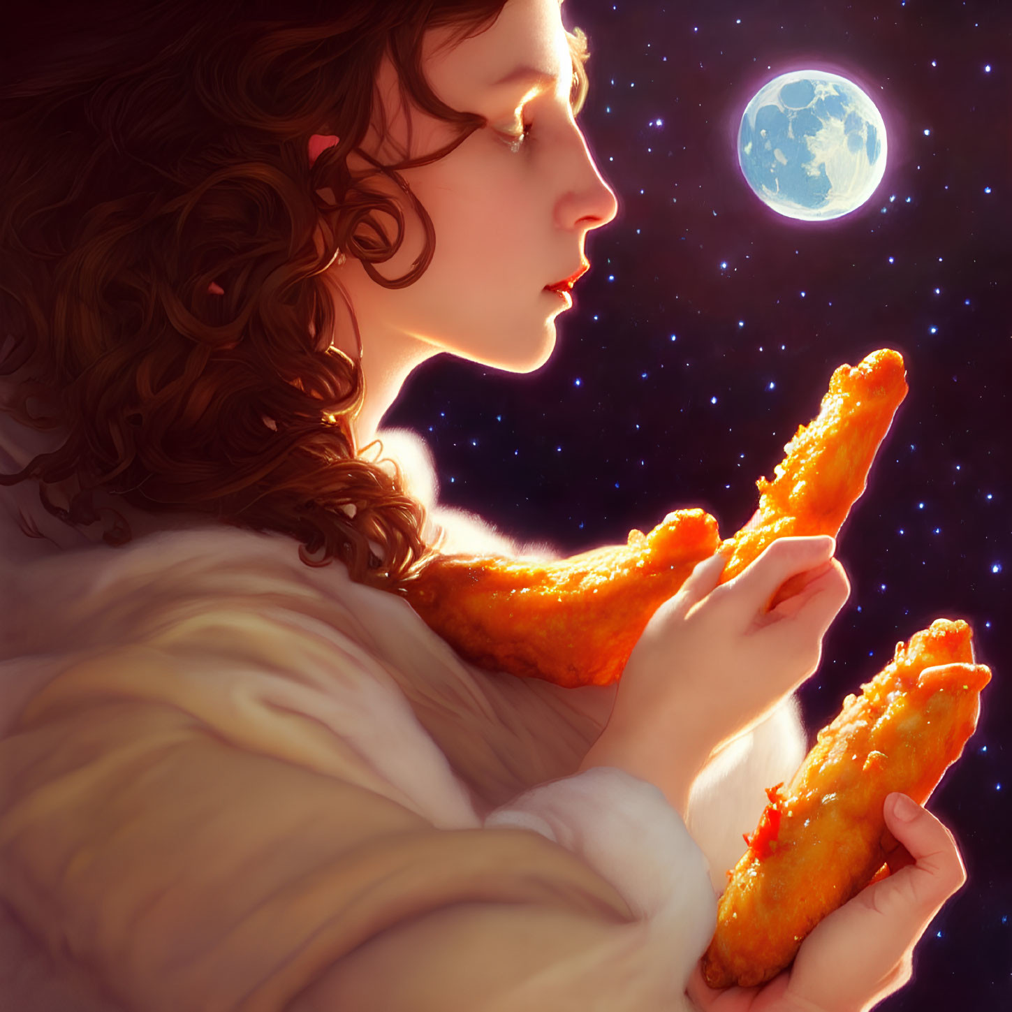 Curly-haired person holding comet-shaped objects under starry sky and full moon