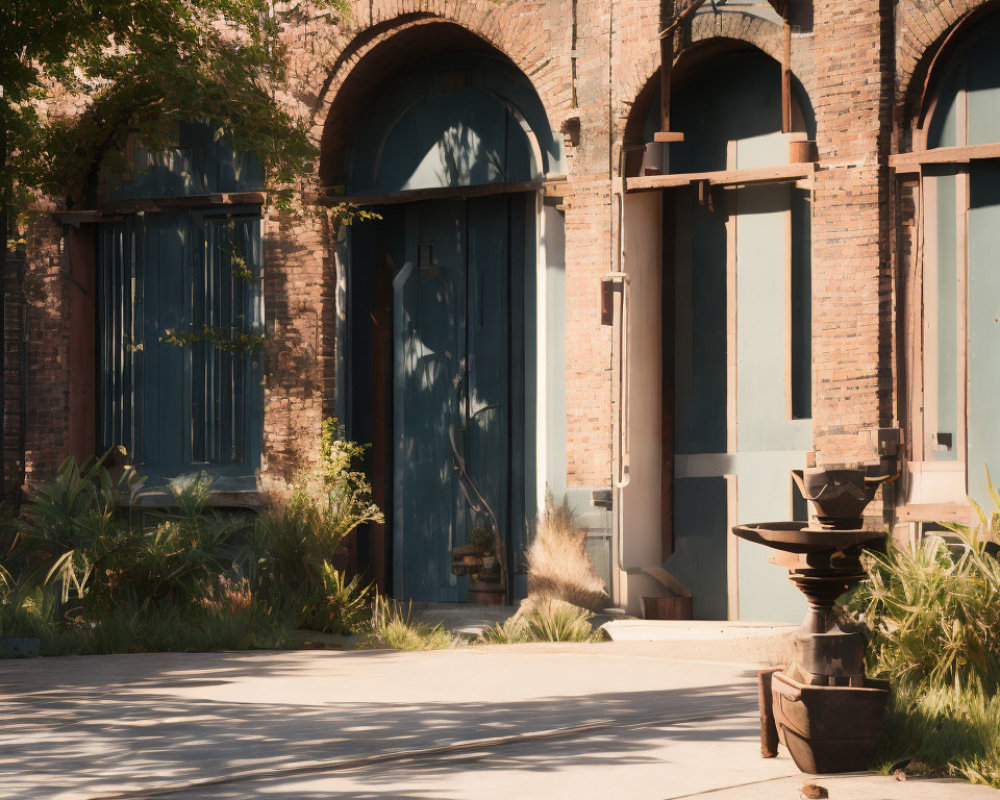 Tranquil courtyard with vintage fountain and greenery