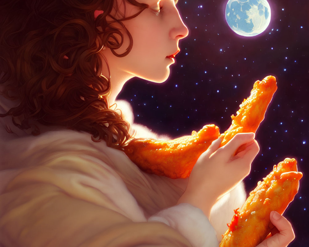 Curly-haired person holding comet-shaped objects under starry sky and full moon