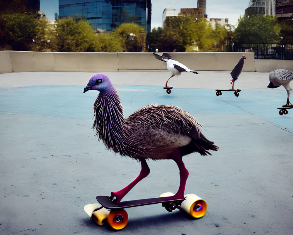 Birds with Pigeon Heads Skateboarding in Urban Park