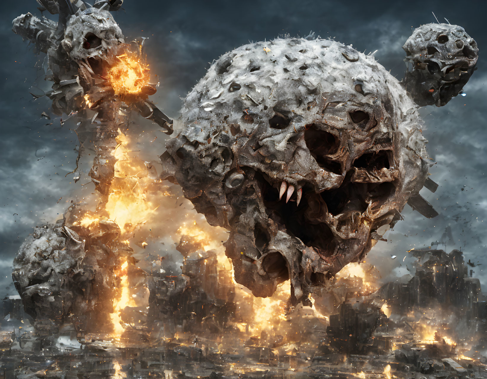 Surreal apocalyptic scene: fiery skull-shaped meteorites hit burning cityscape