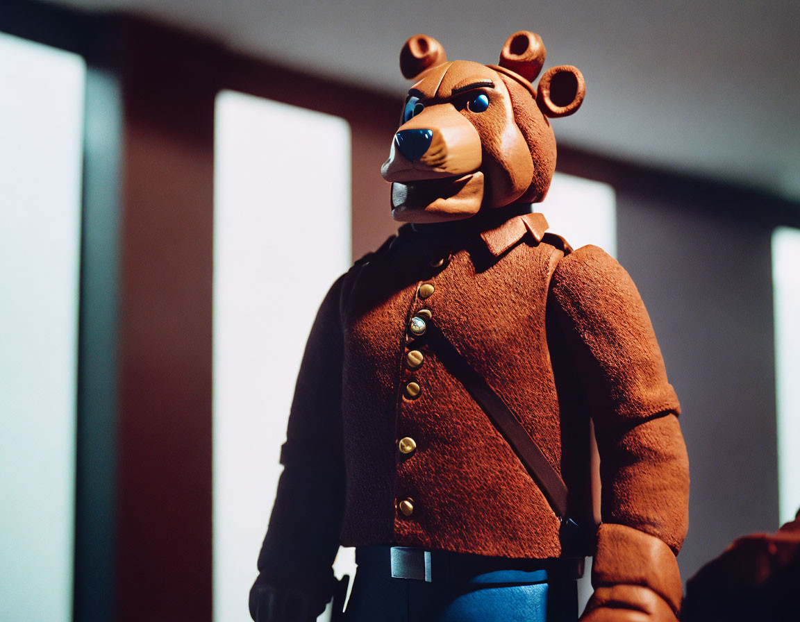 Brown Uniform Bear Toy Figure on Light Panel Background