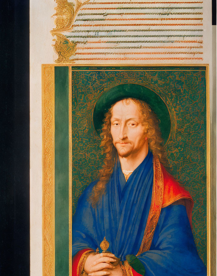 Medieval portrait of a man with long curly hair in blue robe and halo