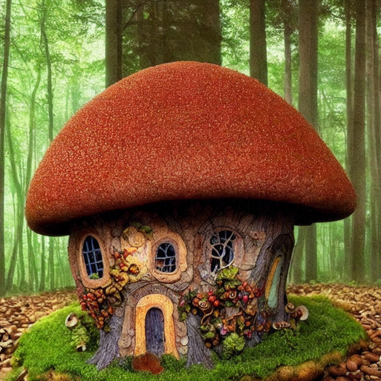 Whimsical Mushroom-Shaped House in Forest Clearing