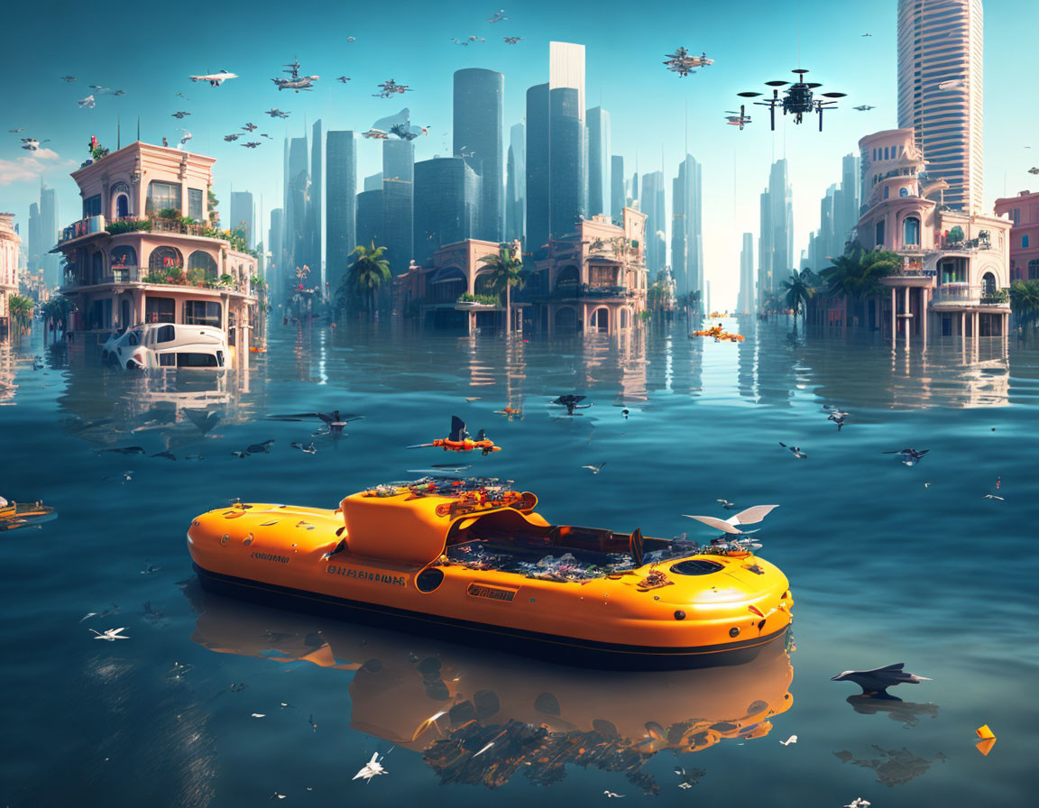 Futuristic flooded cityscape with submerged buildings, yellow submarine taxi, flying cars, and drones against