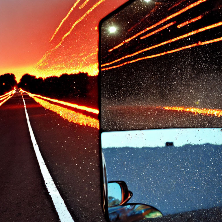 Vehicle side mirror reflects twilight sky and highway streaks at dusk