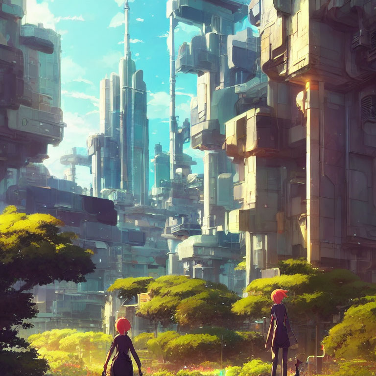 Futuristic cityscape with two individuals in lush setting