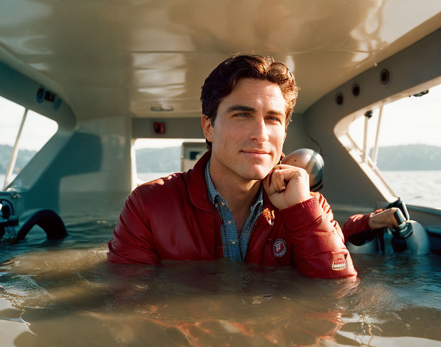 Man in red jacket smiles in flooded boat cabin with sunlight.