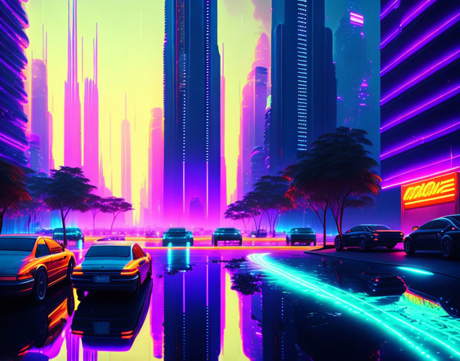 Futuristic neon-lit cityscape with palm trees and skyscrapers at dusk