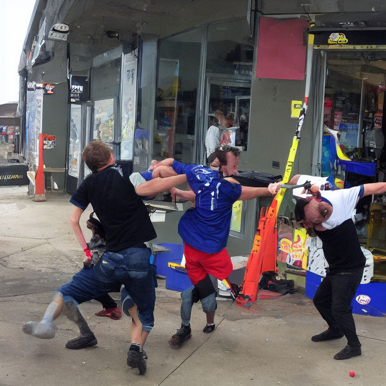 Physical altercation between three men outside a store with bystanders.