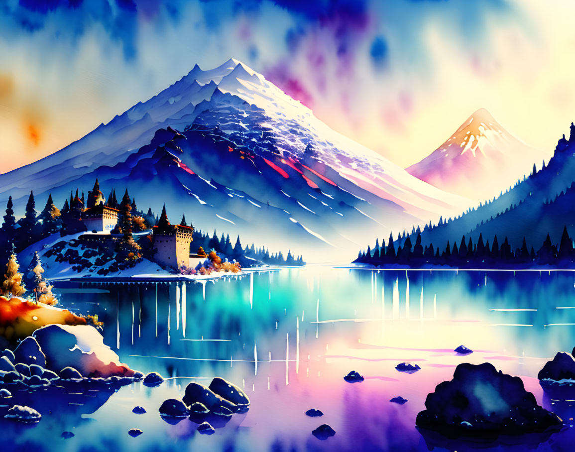 Serene mountain landscape with castle, lake, and colorful sky