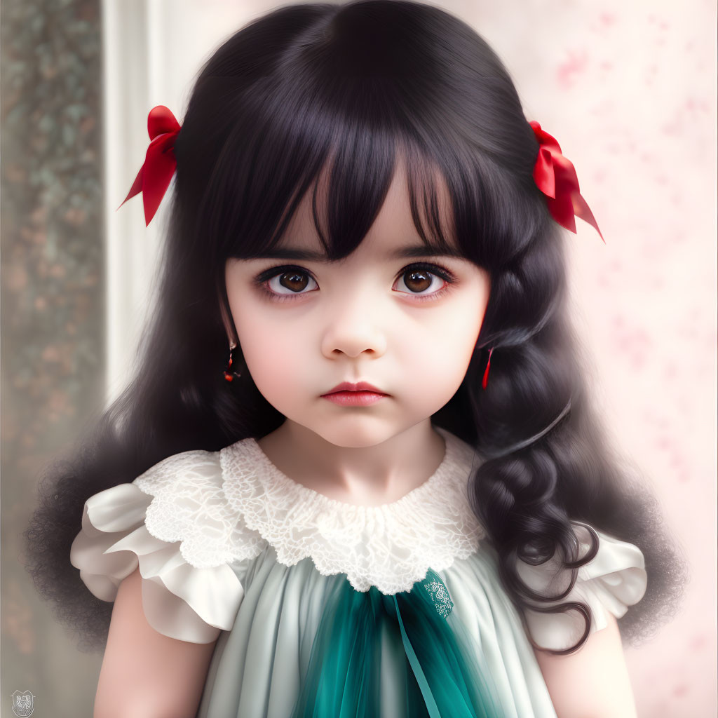 Digital artwork: Young girl with brown eyes, dark hair, green dress, lace collar, floral backdrop