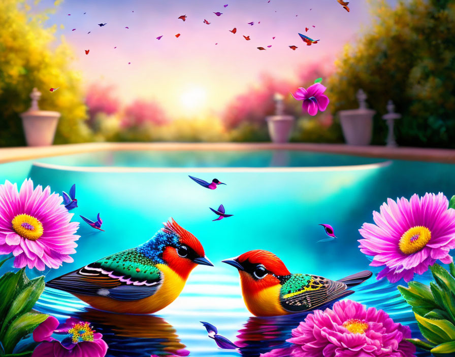 Colorful Birds Surrounded by Nature and Butterflies