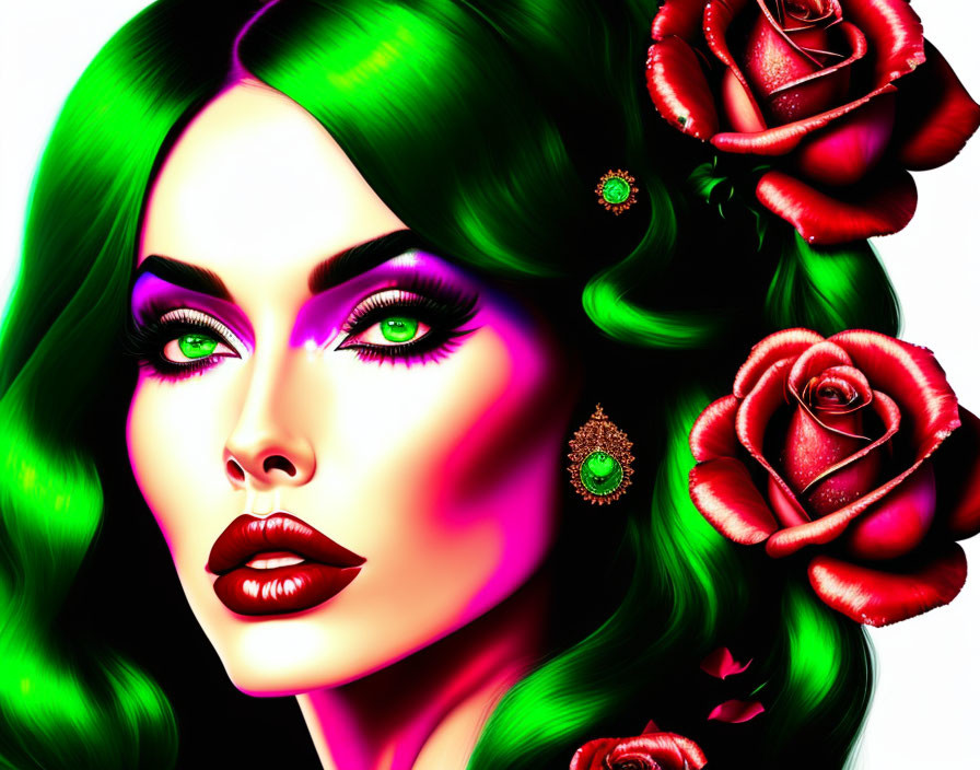 Colorful digital portrait of a woman with green hair, emerald eyes, and red roses in her