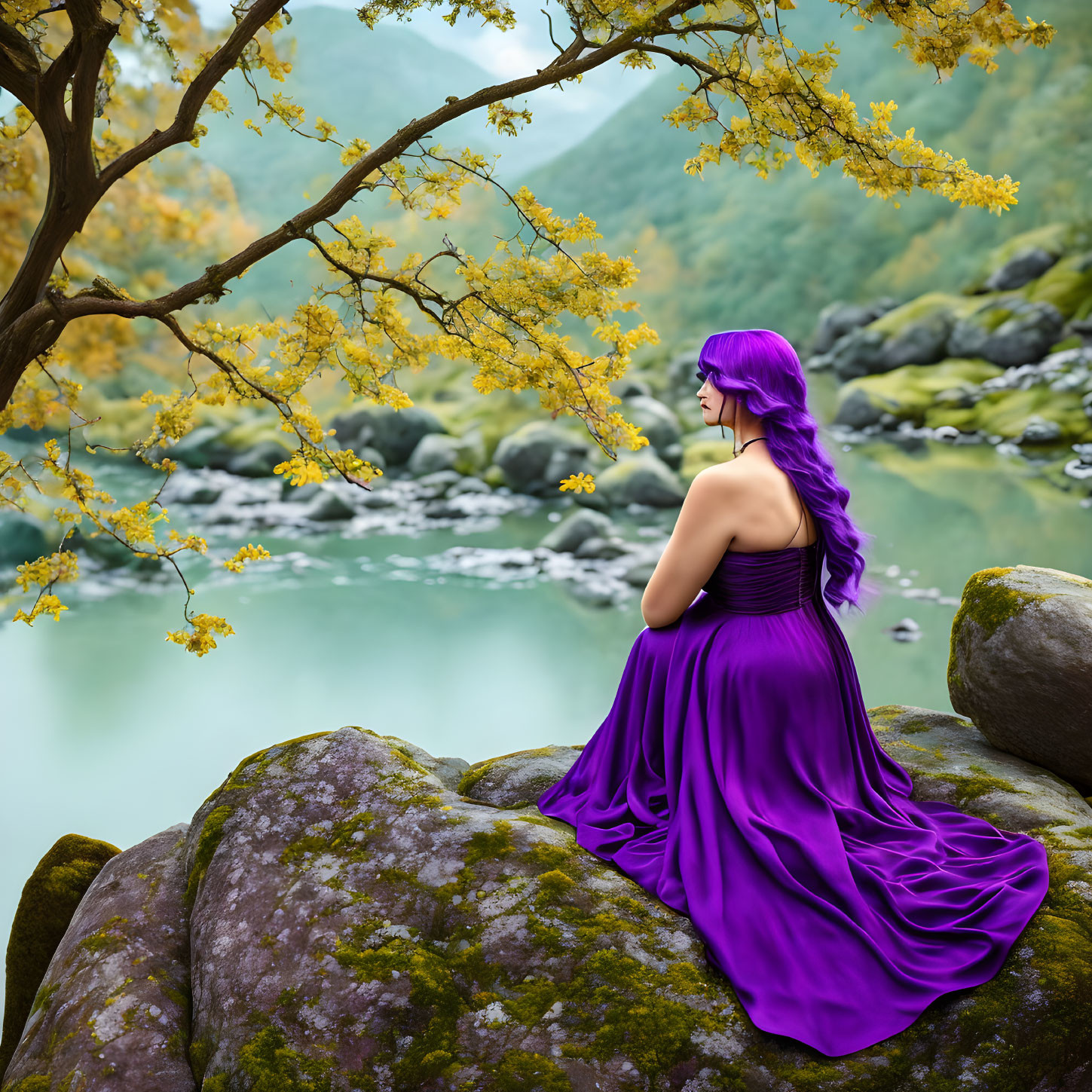 Purple-haired woman in elegant gown by tranquil river with yellow foliage