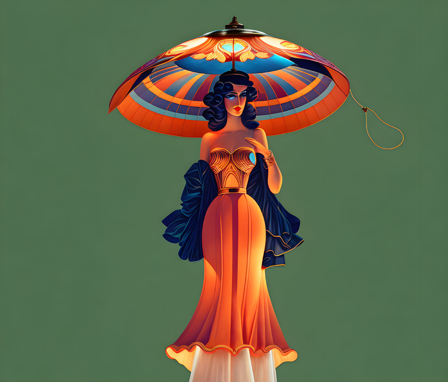 Stylized illustration of woman in orange dress with umbrella on green background