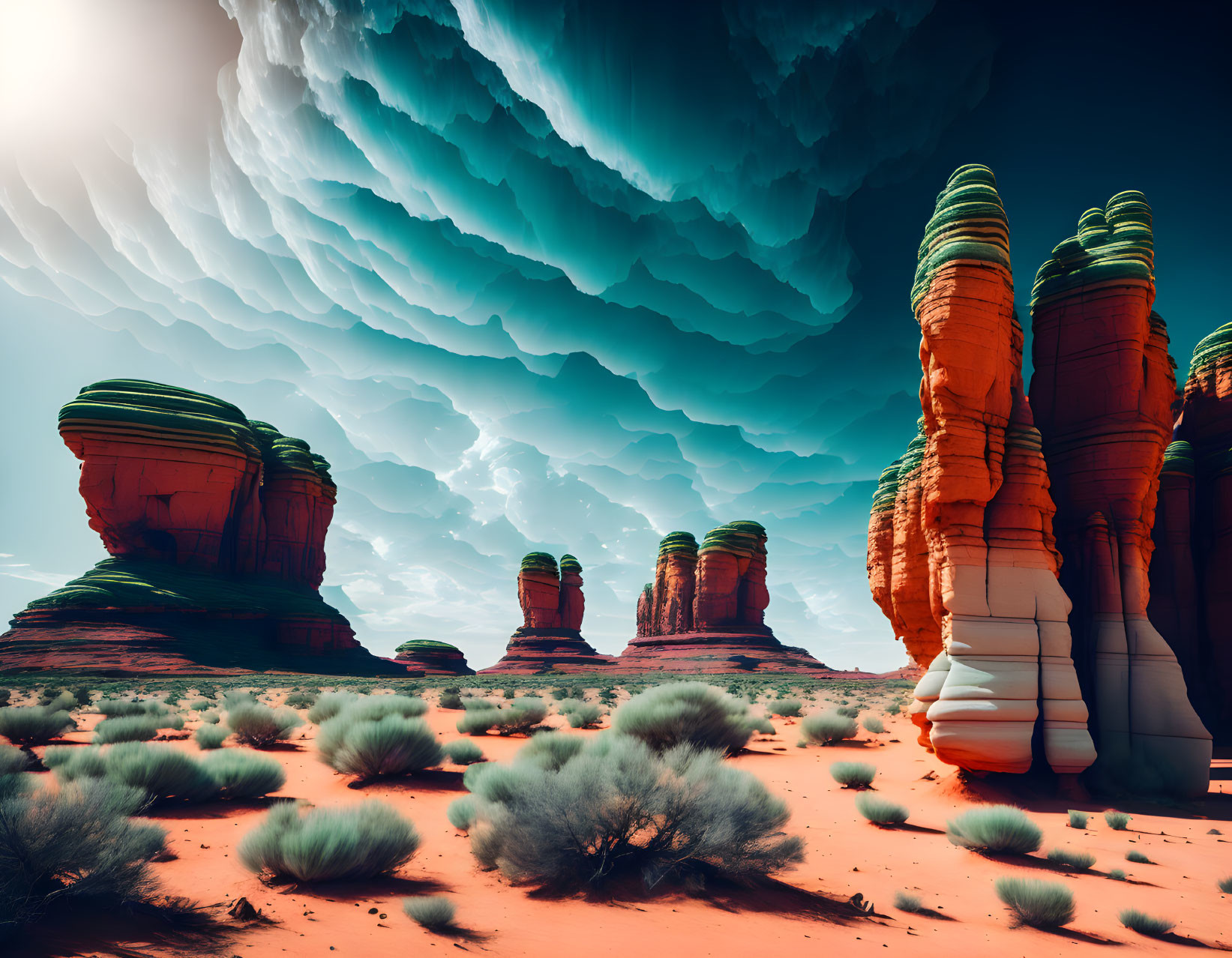 Vibrant orange rock formations in surreal desert landscape