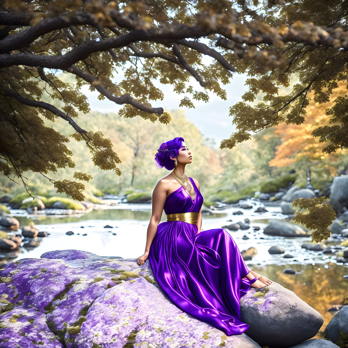 Woman with Purple Hair Contemplating by Serene River