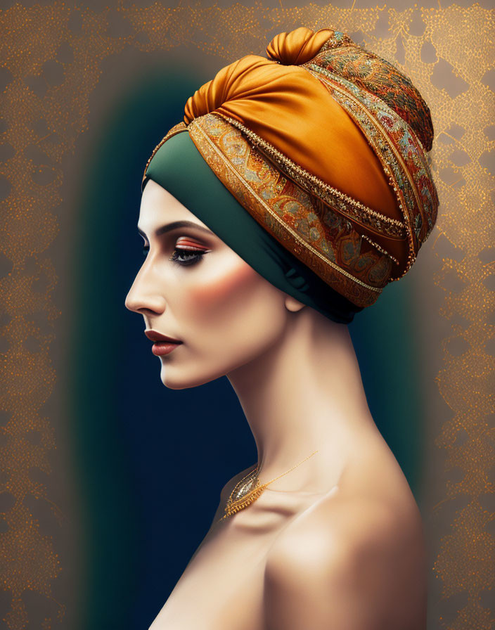 Woman with golden turban and intricate makeup on dark background