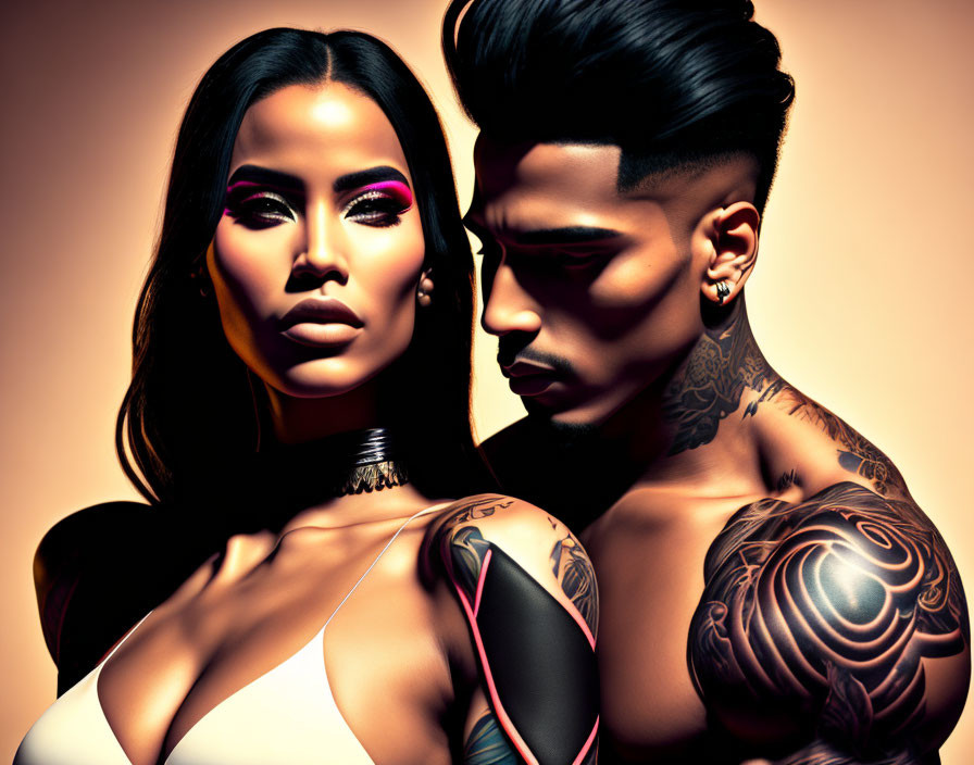 Stylized 3D characters with bold makeup and tattoos on warm-toned backdrop