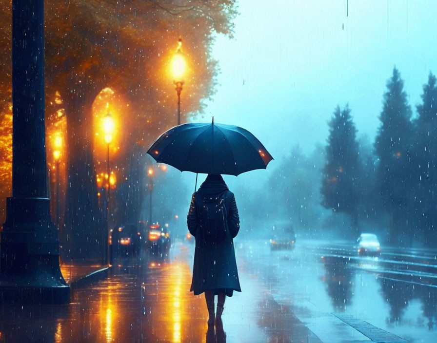 Person with umbrella on wet street at dusk amidst rain and glowing street lamps.