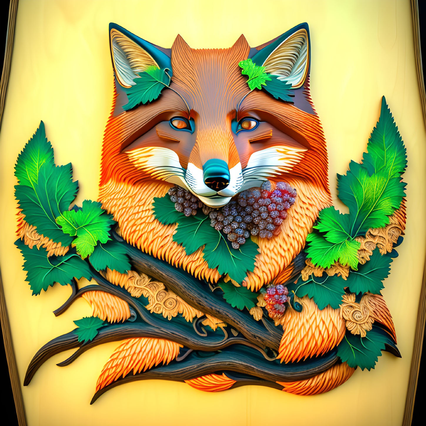 Colorful Fox Head Illustration with Grapevines and Paper Art Effect