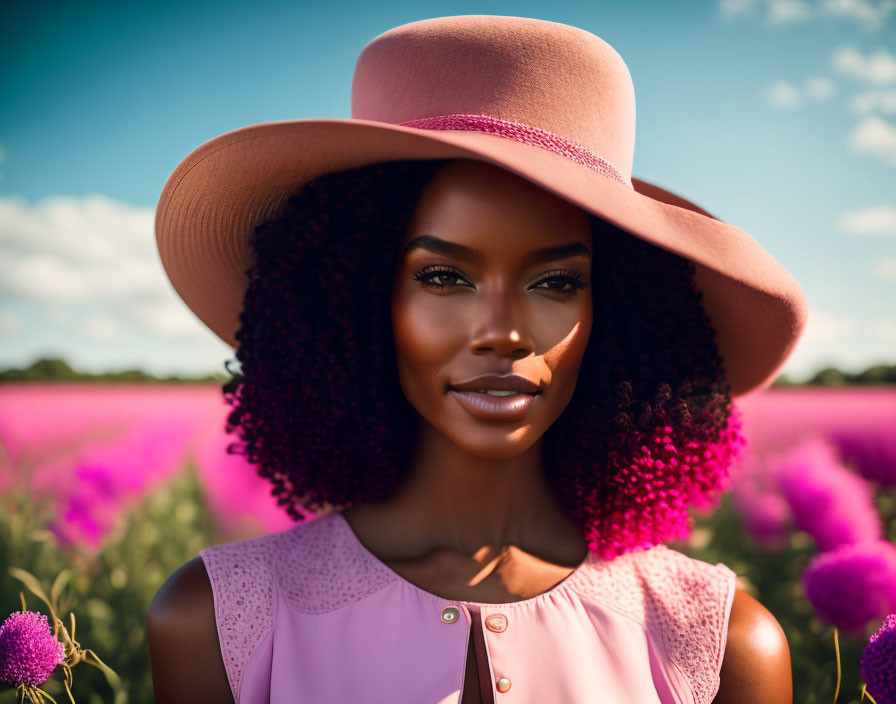 Dark Curly-Haired Woman in Wide-Brimmed Hat Surrounded by Pink Flowers