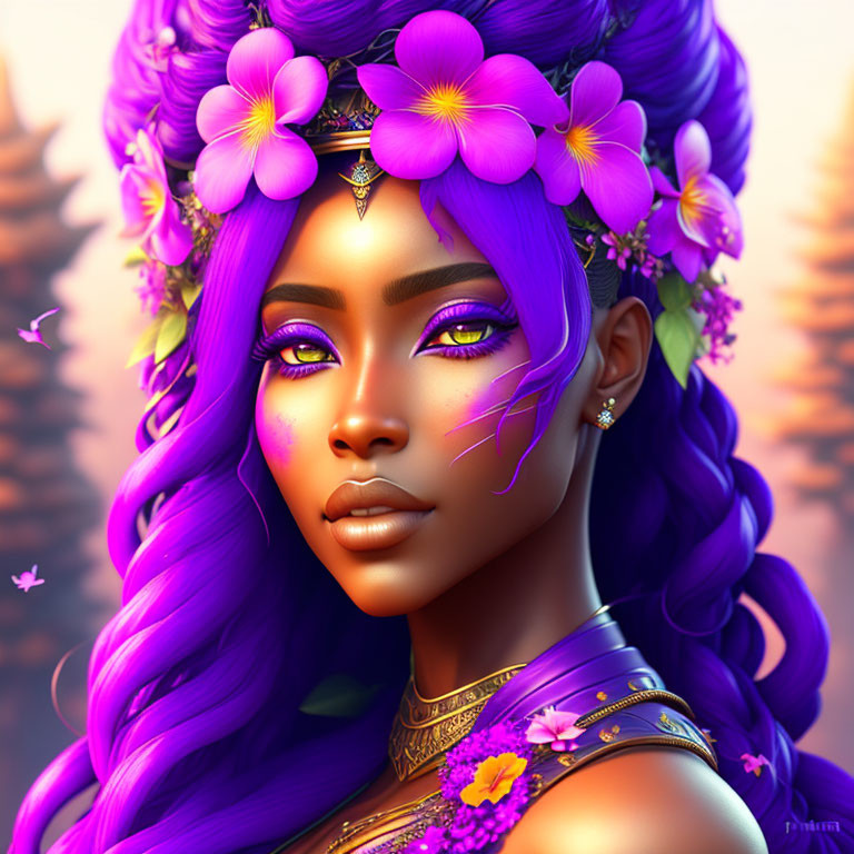 Vibrant purple hair woman with pink flowers and mystical forest background