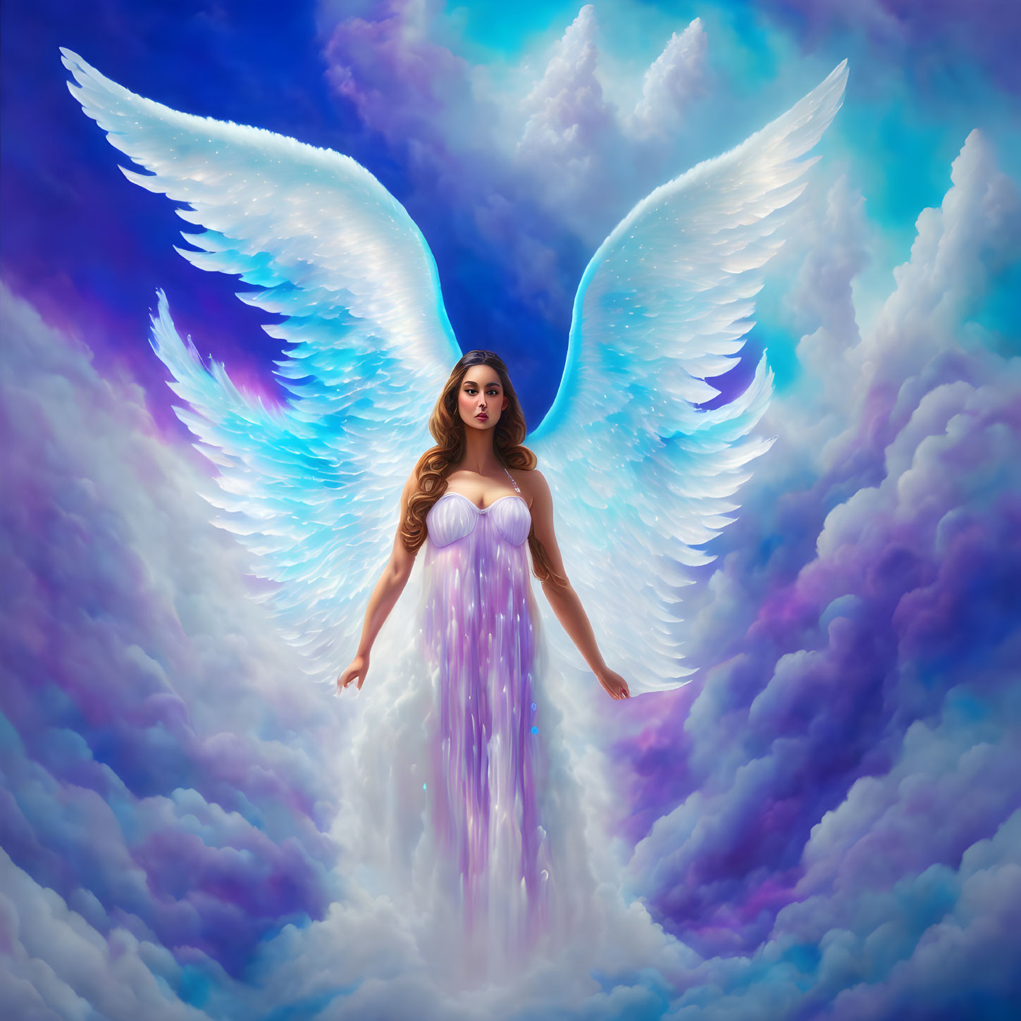 Ethereal figure with white wings in flowing dress against blue sky