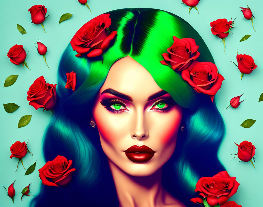 Vibrant green hair and red roses on woman against turquoise backdrop