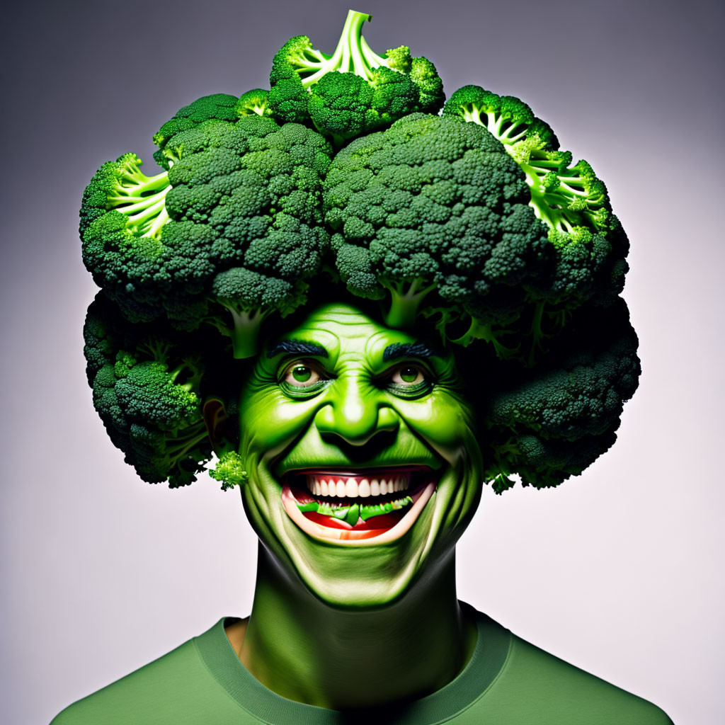 Whimsical happy face with broccoli hair on gradient background