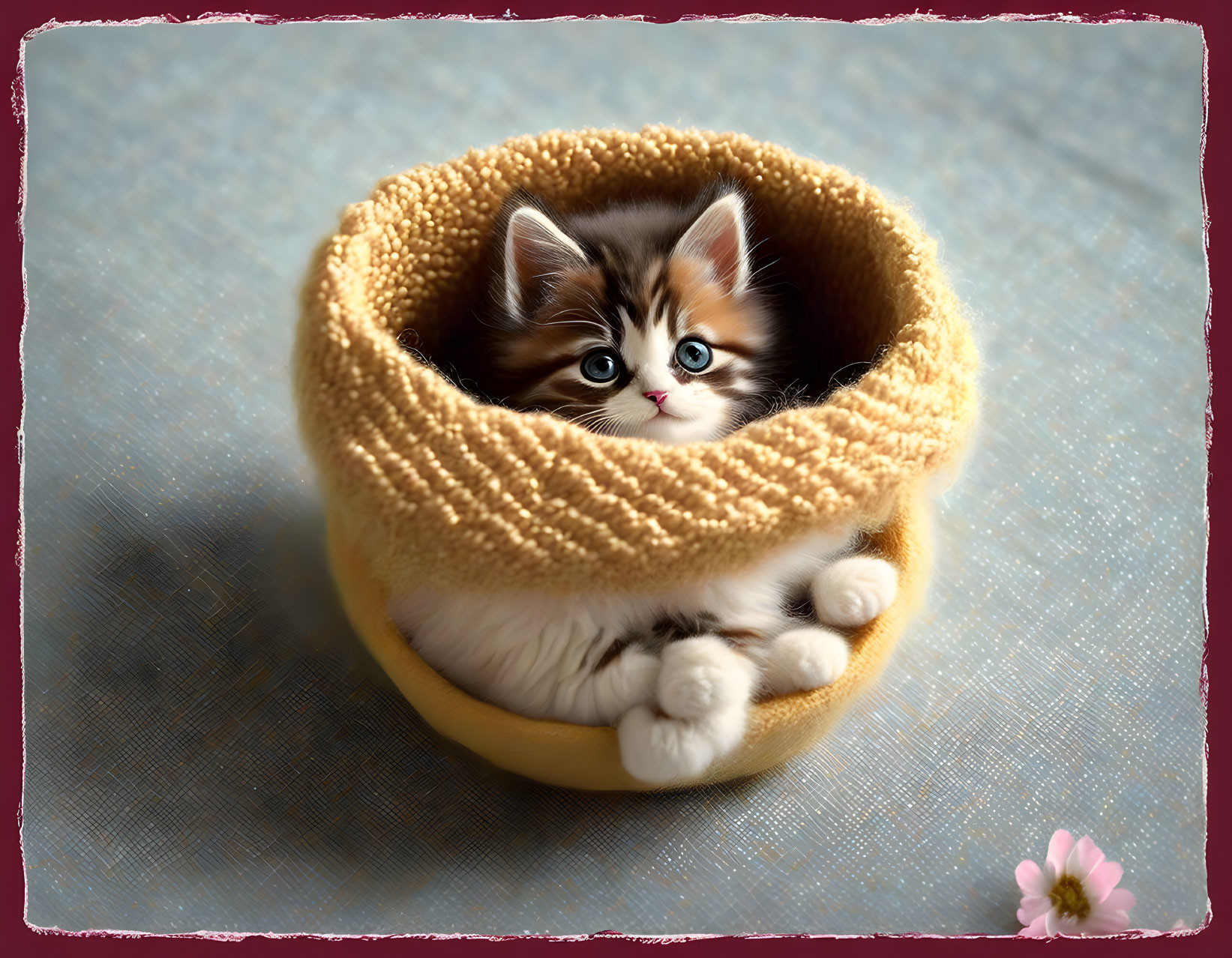 Multicolored kitten in yellow knitted bowl on blue textured surface