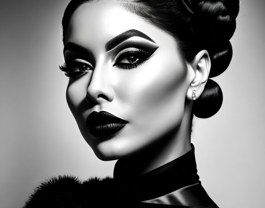 Monochromatic portrait of woman with bold makeup and fur attire