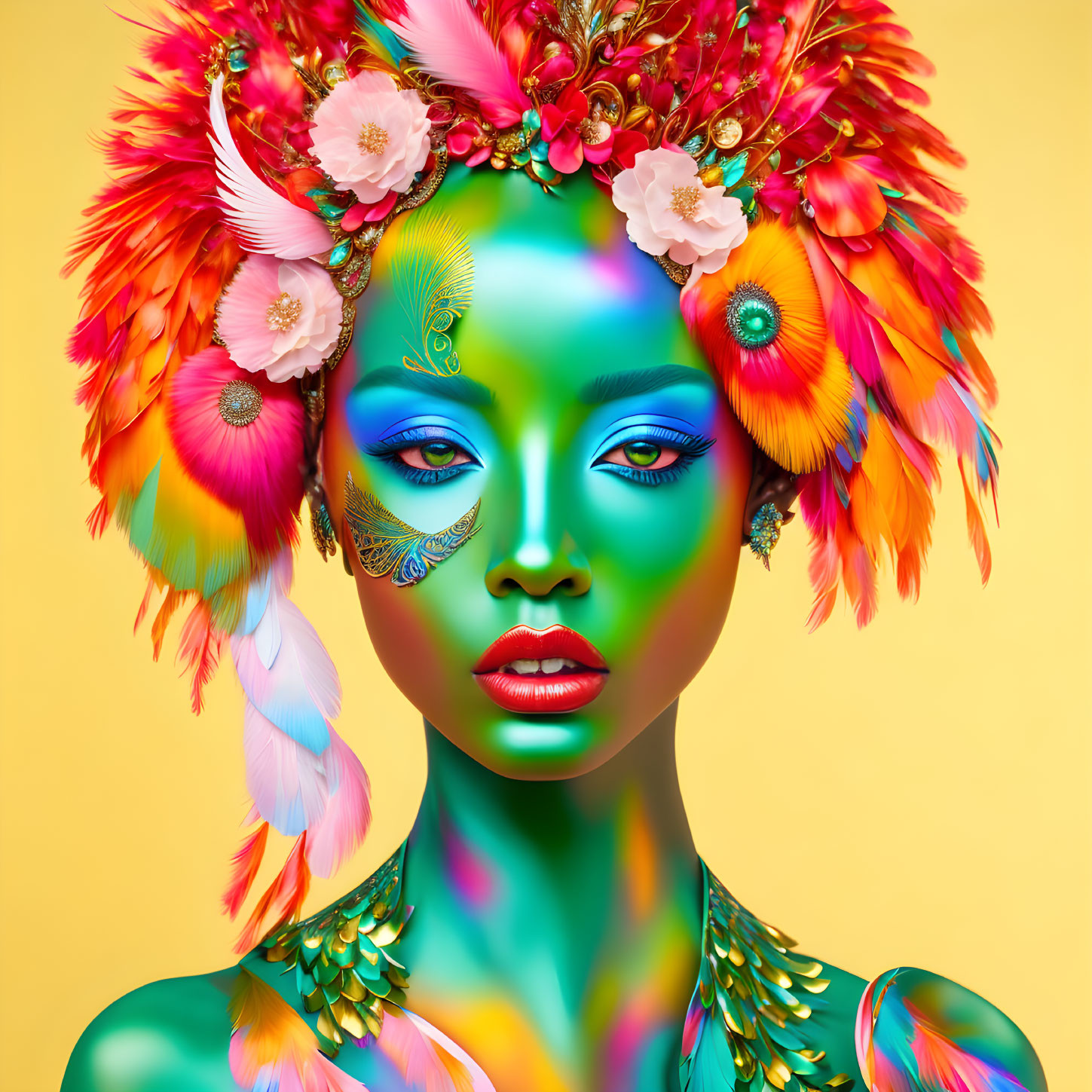 Colorful portrait of a woman with green skin and vibrant headdress