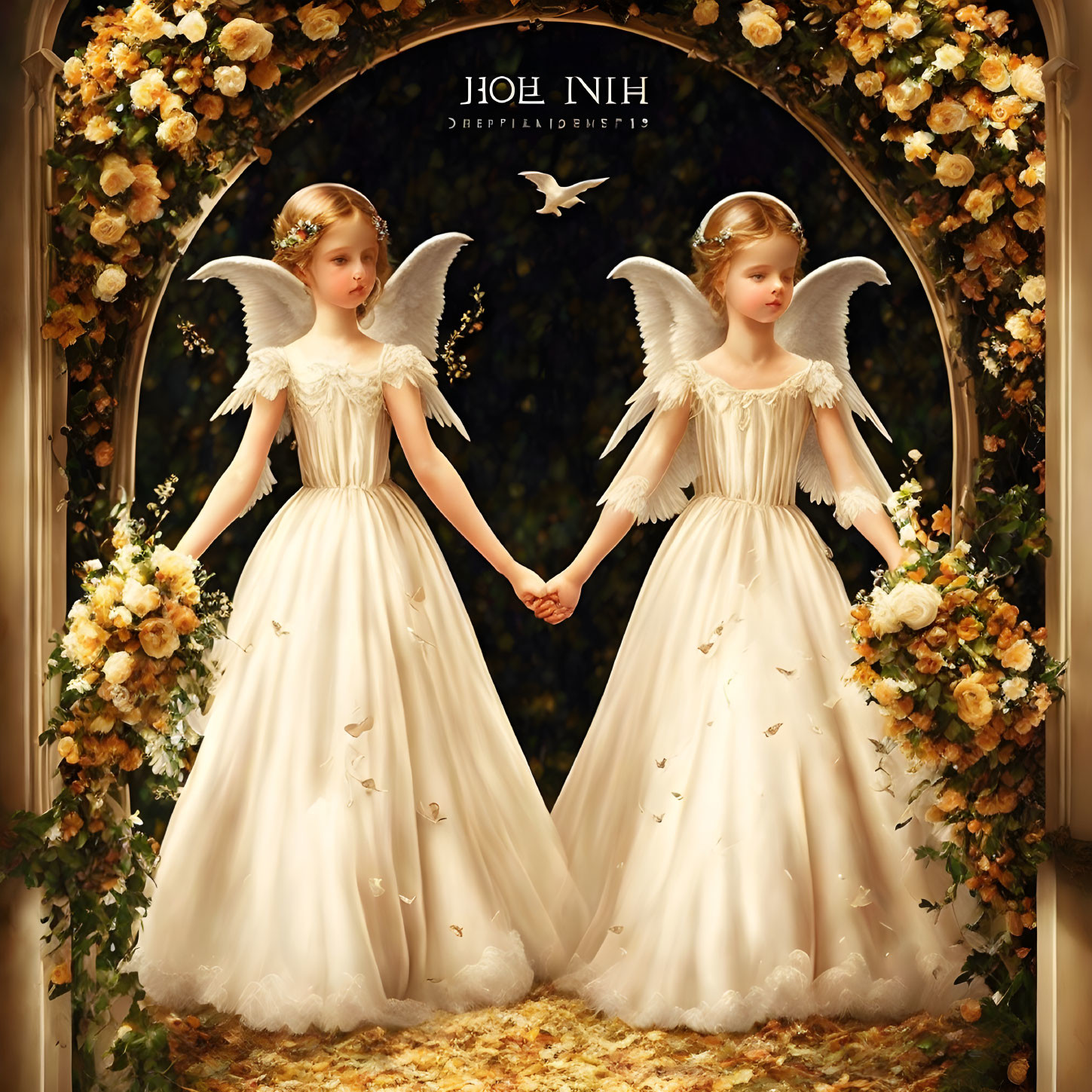 Twin angelic figures with wings, white dresses, holding hands under floral archway