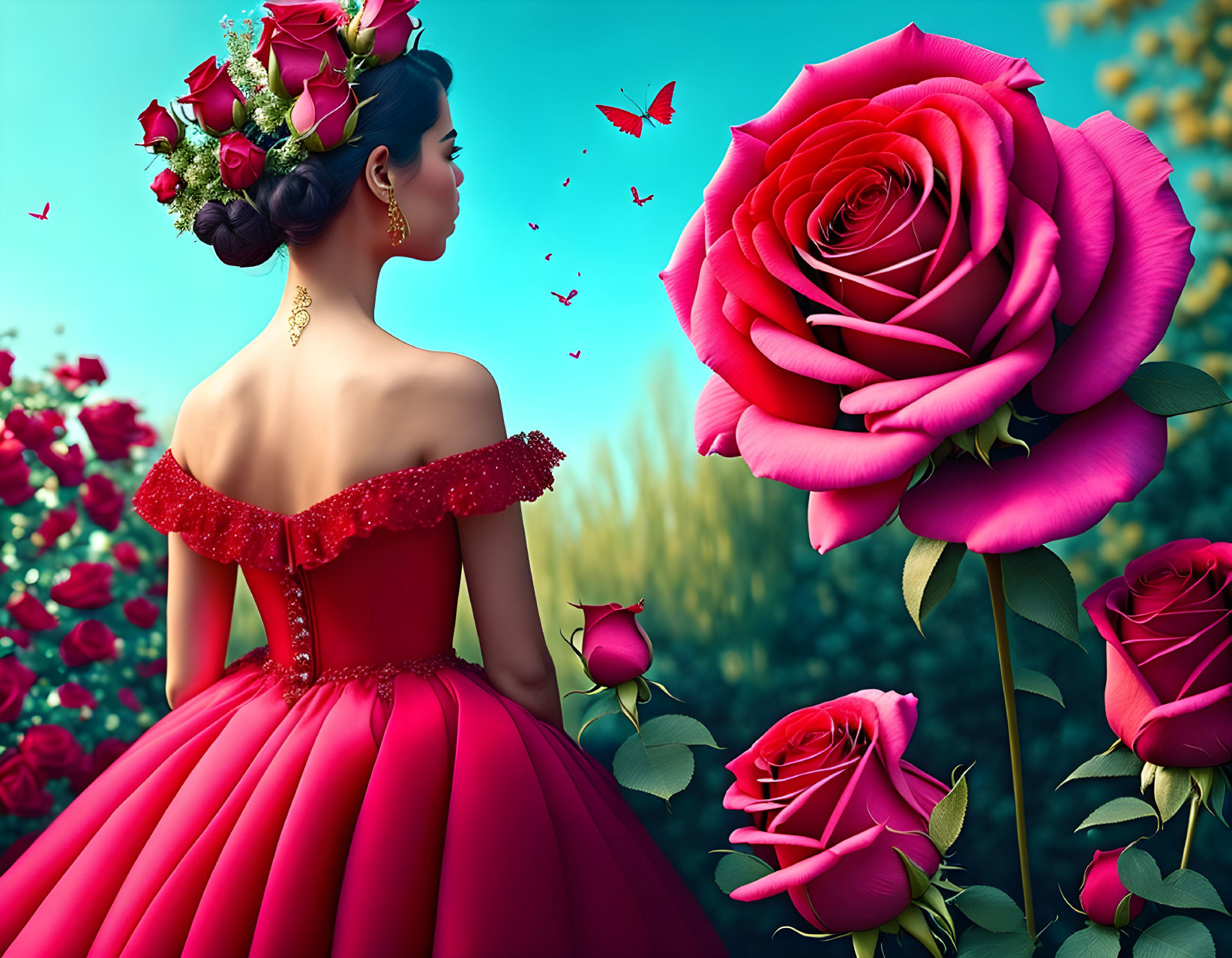 Woman in Red Floral Dress Surrounded by Roses and Butterflies