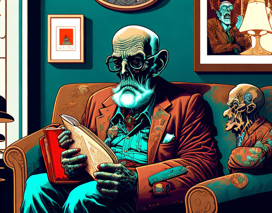 Elderly man reading book on couch in teal and red stylized illustration