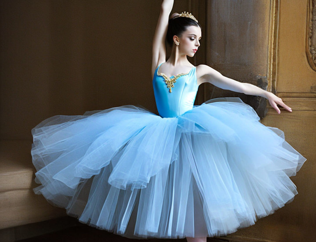 Blue tutu ballet dancer poses gracefully by window with warm light