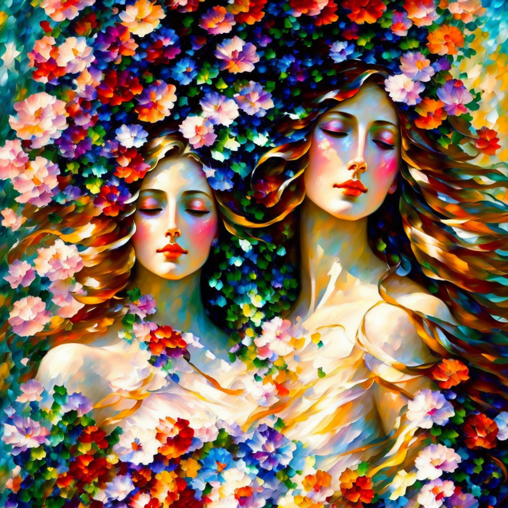 Two women in floral setting with vibrant colors