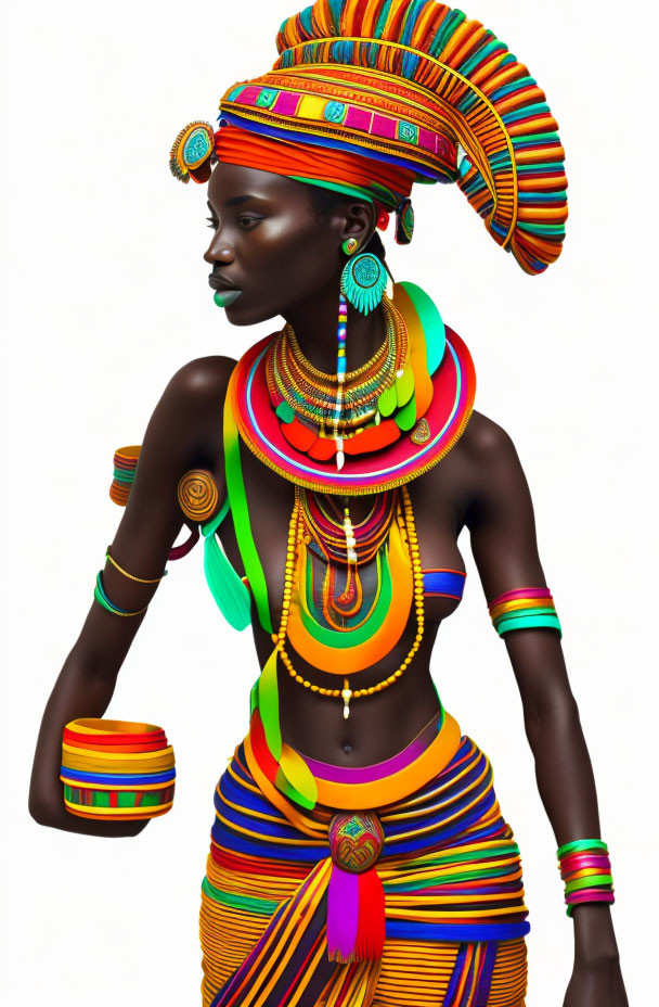 Traditional African Attire with Colorful Headdress & Jewelry