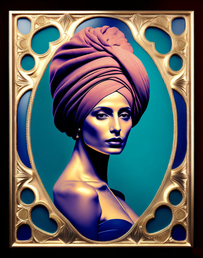 Vibrant turquoise-skinned person in orange turban, ornate golden frame