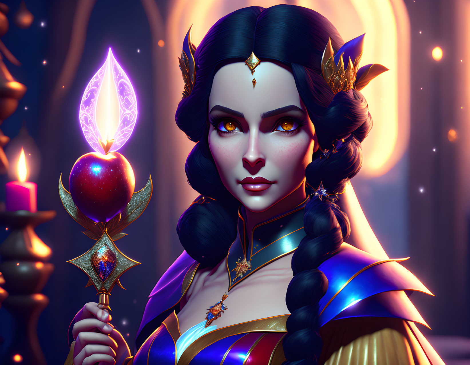 Fantasy queen digital portrait with golden headdress and staff