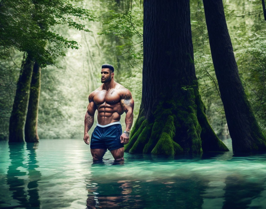 Muscular Man in Serene Forest Lake Amid Misty Trees