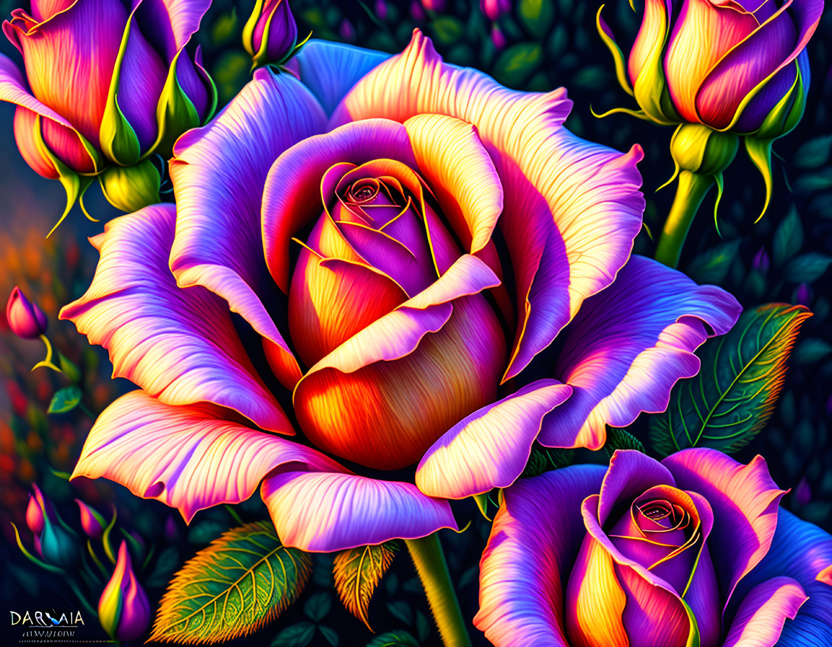 Vibrant digital artwork: Neon roses on dark background