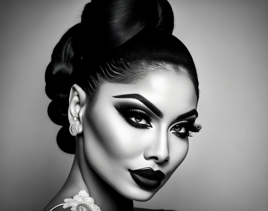 Monochrome portrait of woman with dramatic makeup and high bun