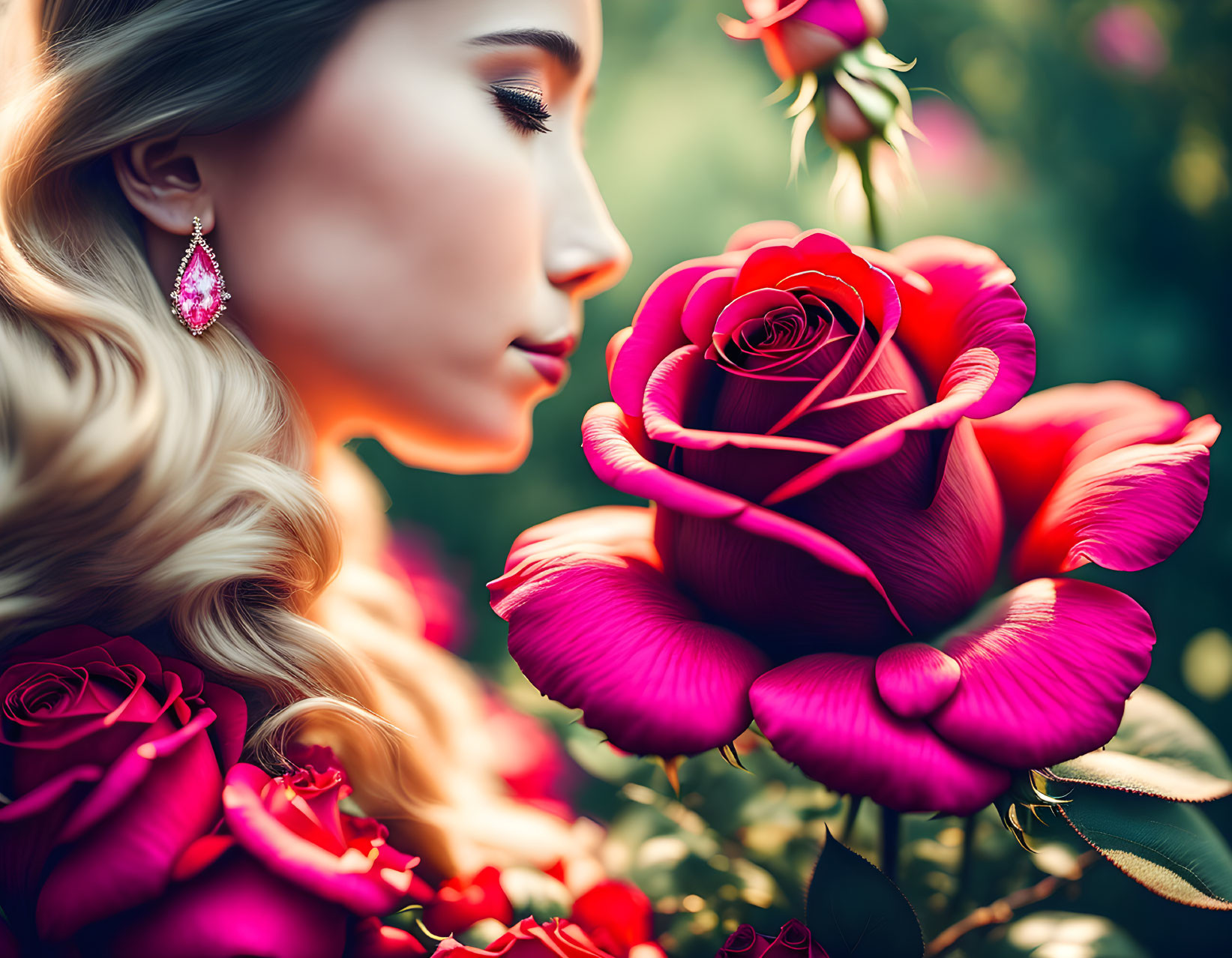 Woman admiring vibrant red rose with prominent earring in blurred floral background