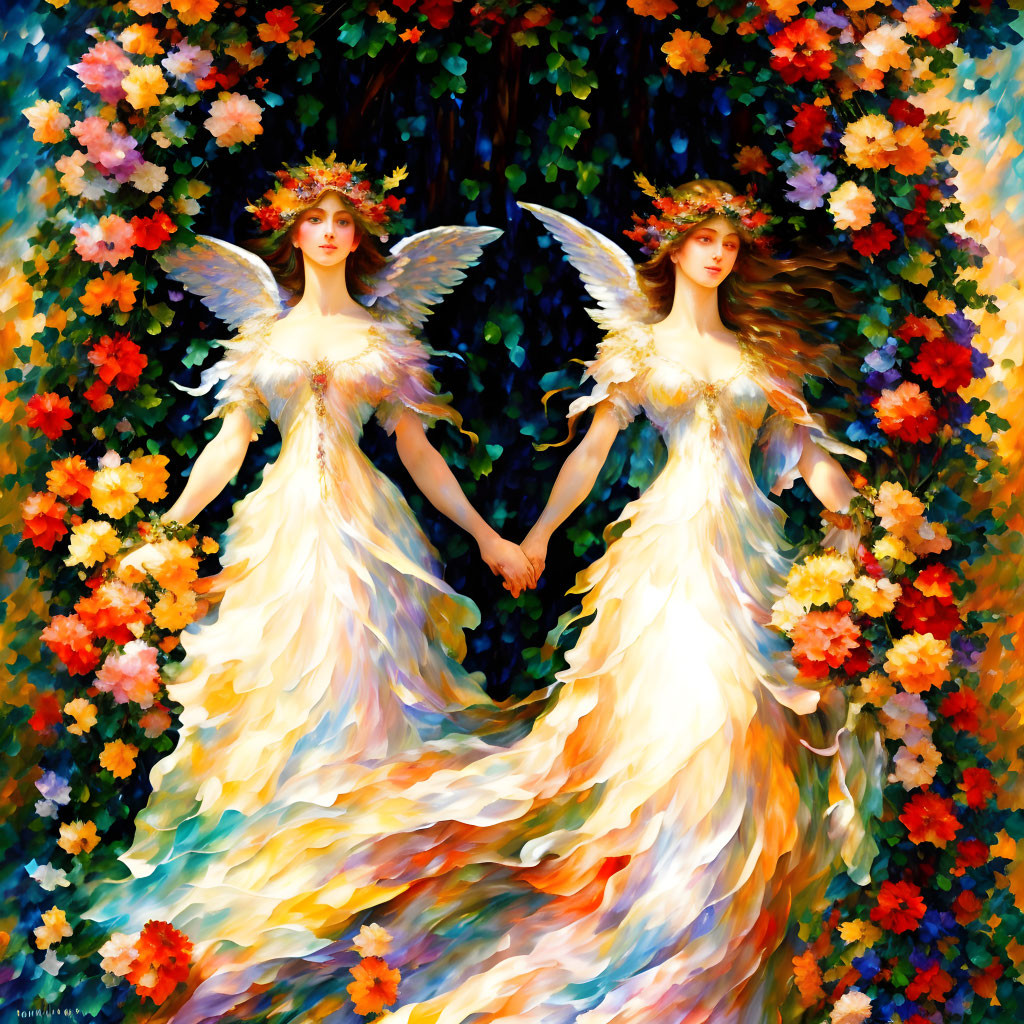 Ethereal beings with floral crowns and wings among vibrant flowers