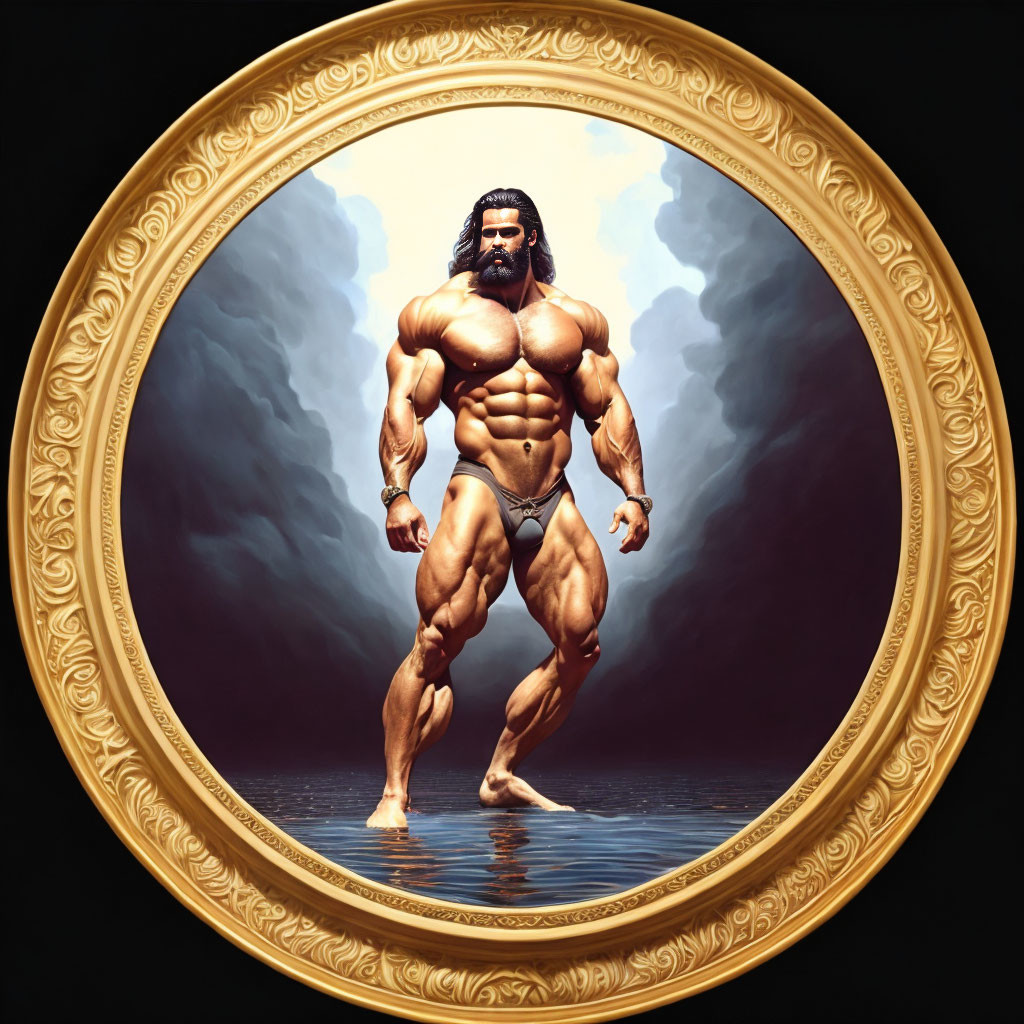 Muscular male figure with long hair in ornate golden frame surrounded by clouds